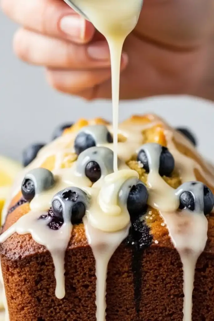 Drizzling lemon glaze on gluten-free loaf
