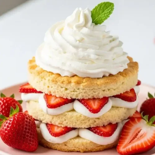 Finished gluten-free strawberry shortcake recipe served with fresh whipped cream