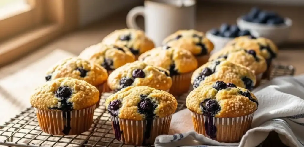 Gluten-Free Blueberry Muffins fresh from the oven on a wire rack