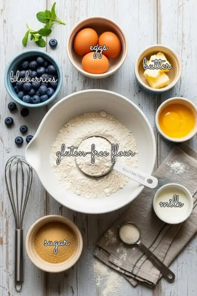 Ingredients for gluten-free blueberry muffins on wooden table