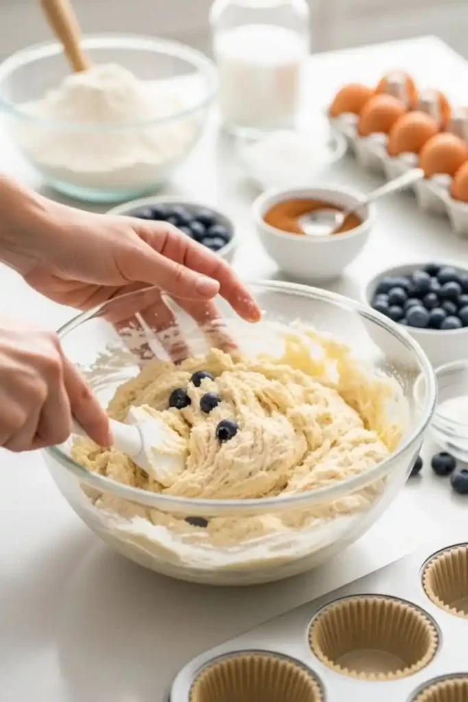 Mixing blueberries into gluten-free muffin batter