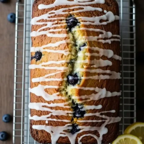 Finished gluten-free lemon blueberry loaf with glaze
