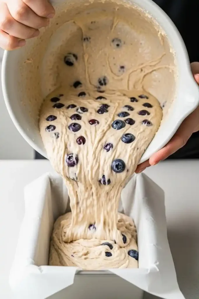 Pouring gluten-free lemon blueberry batter into loaf pan