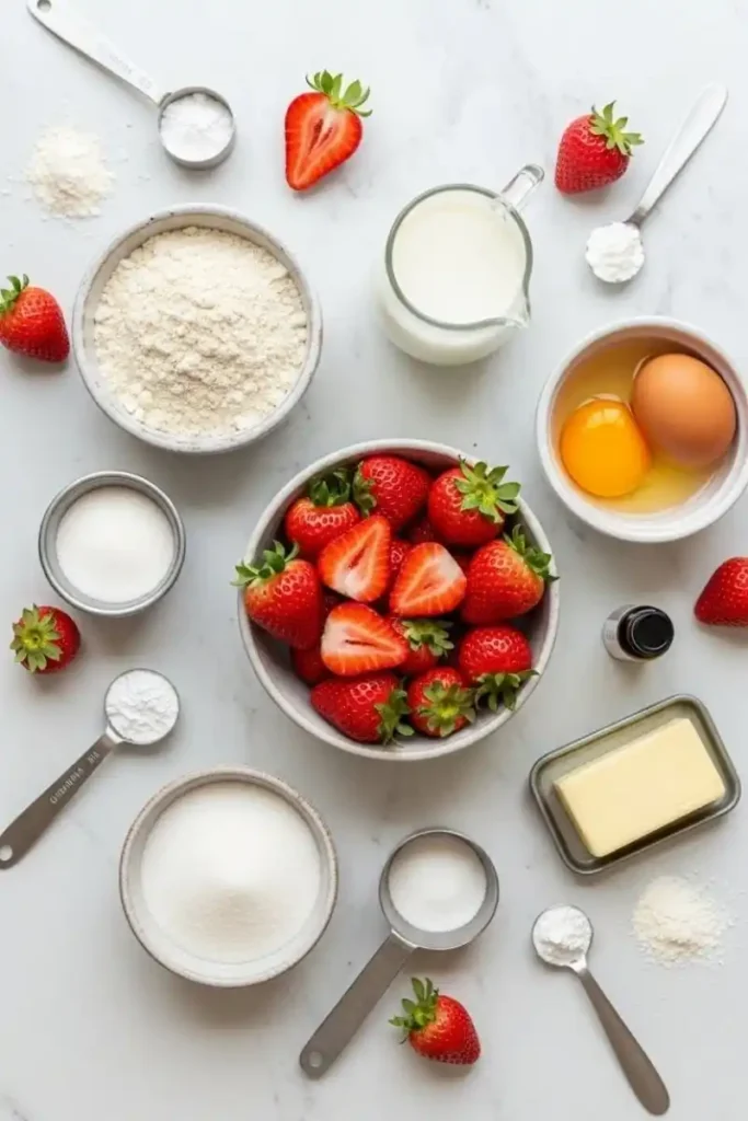 Ingredients for gluten-free strawberry shortcake recipe laid out on a kitchen counter