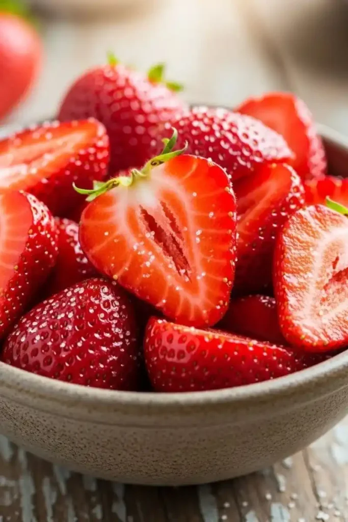 Sliced strawberries being macerated for gluten-free shortcake