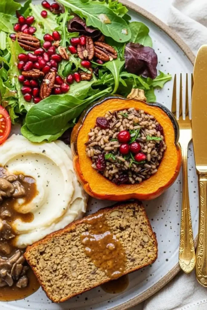 Plated Vegetarian Christmas Dinner Close-Up