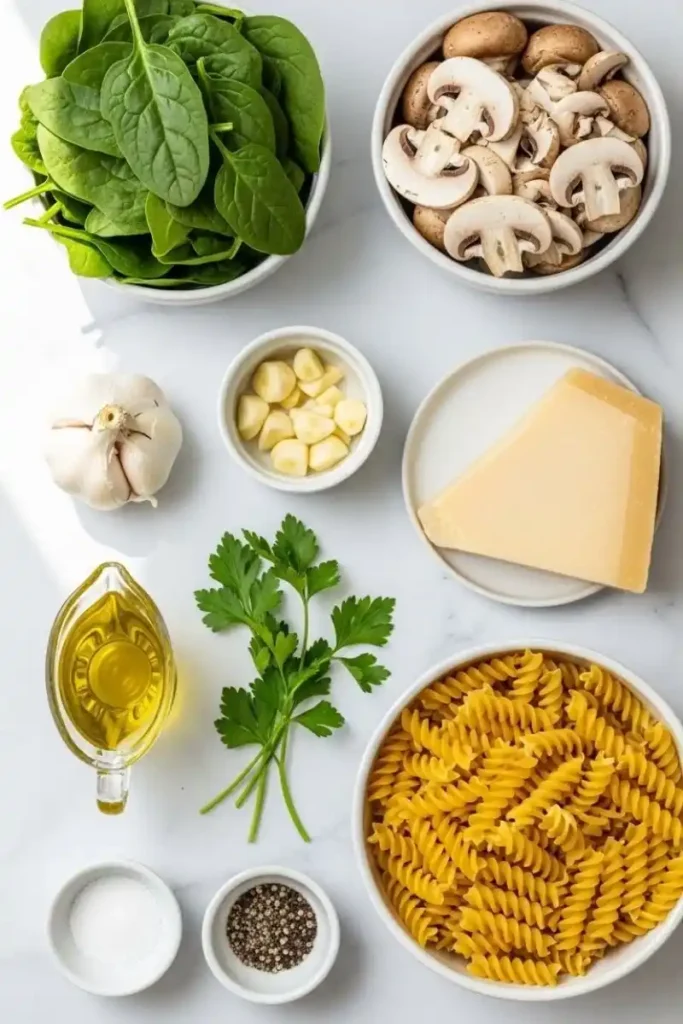 Ingredients for creamy spinach and mushroom pasta including spinach, mushrooms, garlic, pasta, and parmesan