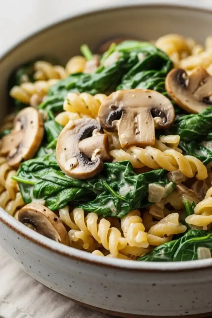 Vegan and gluten-free spinach mushroom pasta with creamy sauce