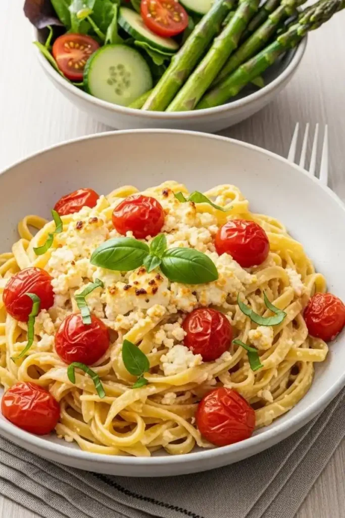 Served vegetarian baked feta pasta with salad and roasted asparagus