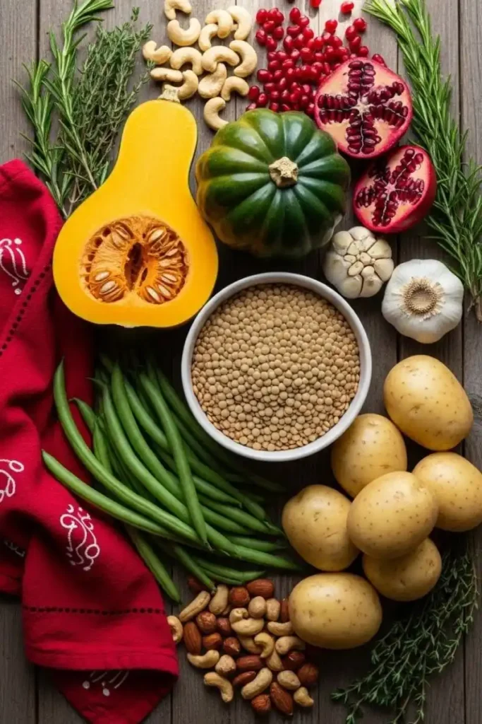 Vegetarian Christmas Dinner Ingredients Flat Lay