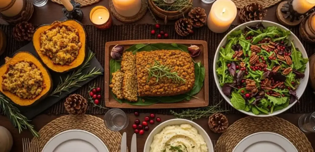 Vegetarian Christmas Dinner Table with Festive Dishes
