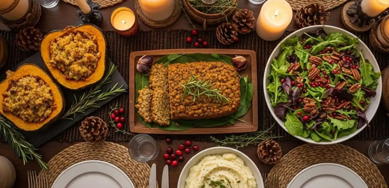 Vegetarian Christmas Dinner Table with Festive Dishes