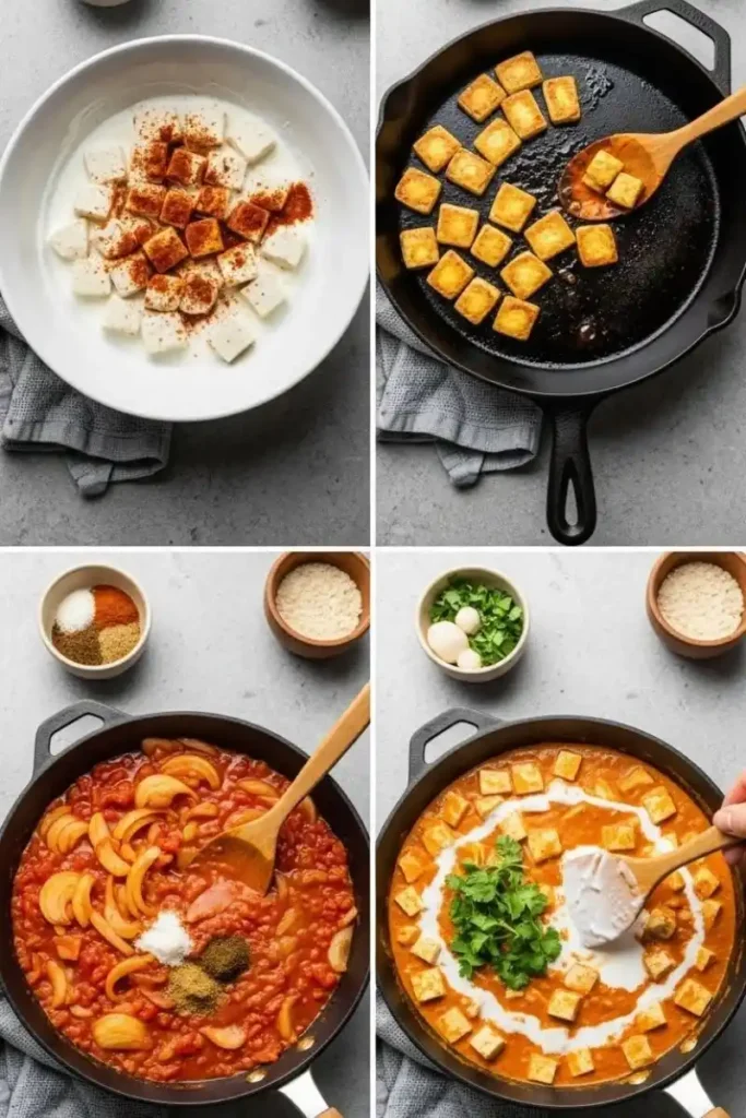 4-Step Collage of Vegetarian Tikka Masala Recipe with Tofu