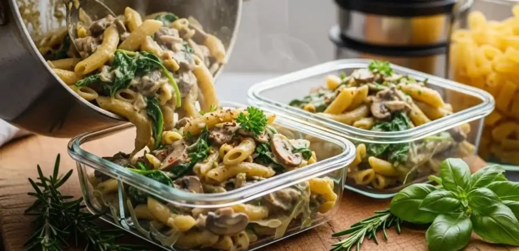 Gluten-free creamy spinach and mushroom pasta in meal prep containers