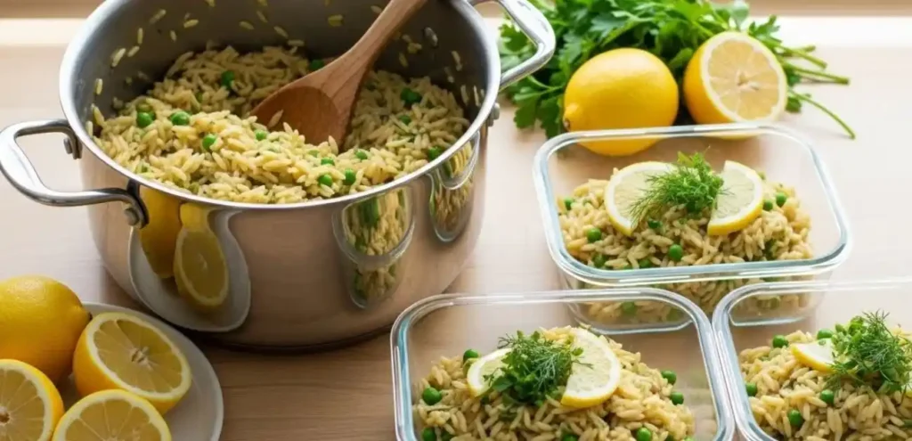 Gluten-free one-pot orzo with lemon and herbs in meal prep bowls