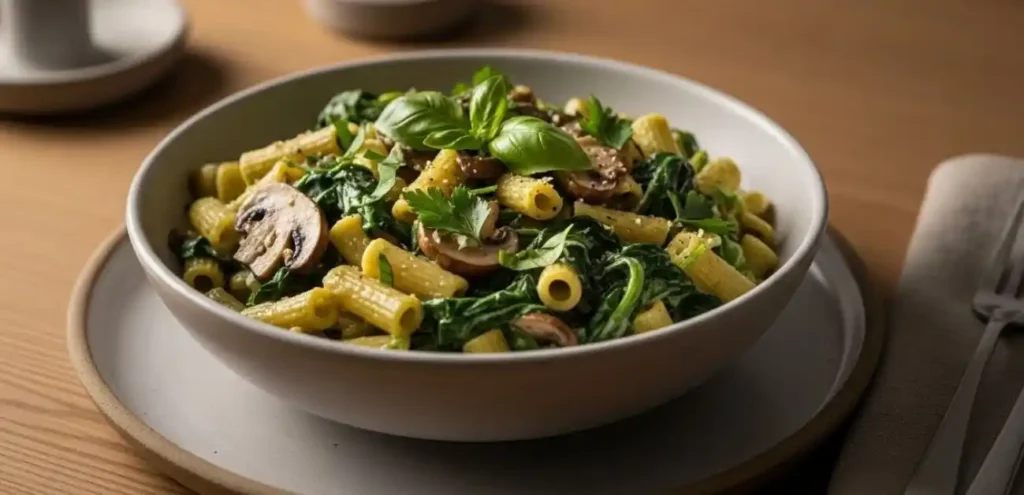 Creamy gluten-free spinach and mushroom pasta