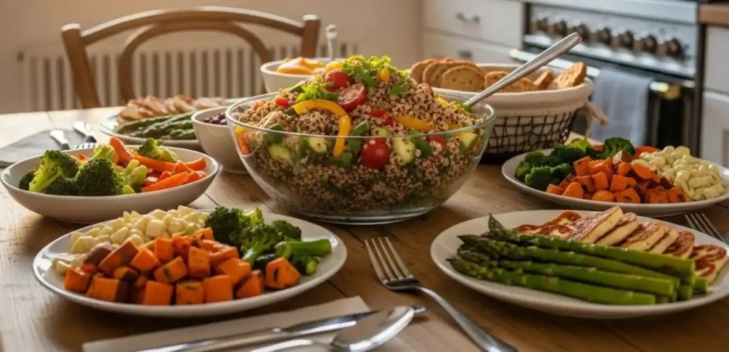 Gluten-free vegetarian dinner on rustic table