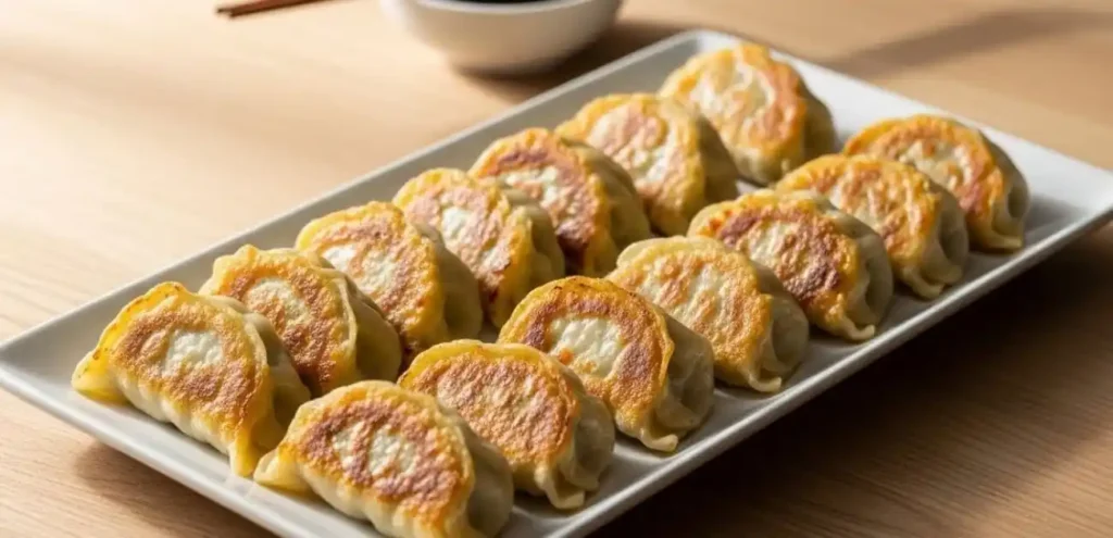 Golden gluten-free vegetarian dumplings with tofu on a white plate