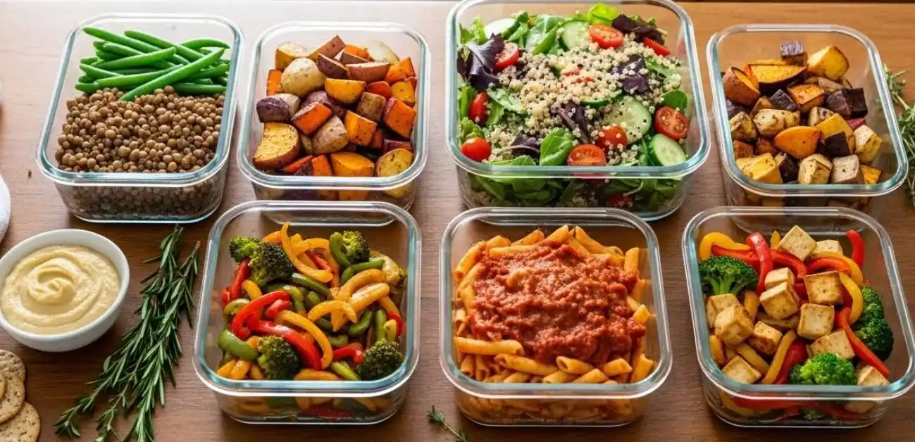Gluten-free vegetarian meal prep containers with colorful dishes on a wooden table
