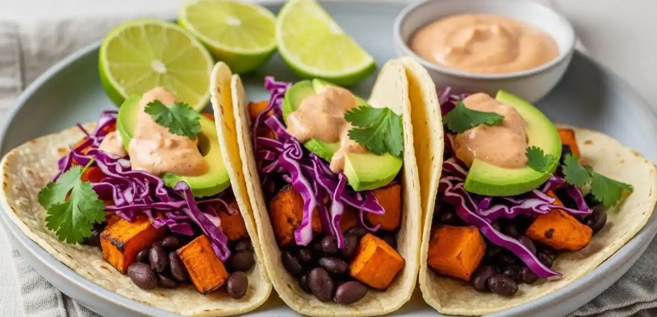 Sweet Potato and Black Bean Tacos Recipe served with creamy chipotle sauce and lime wedges