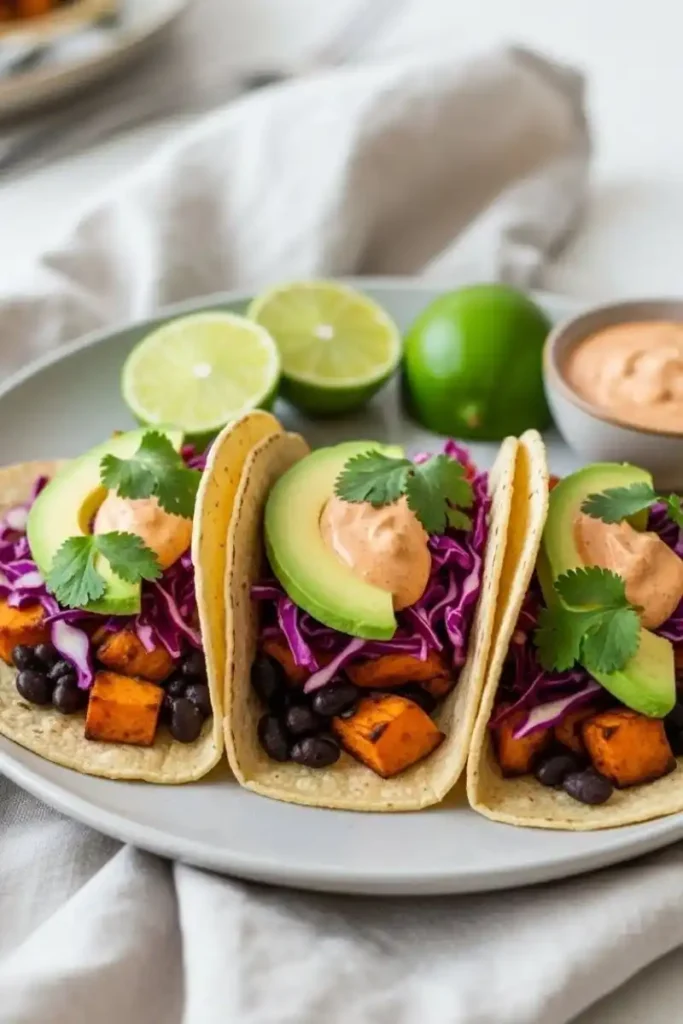 Served Sweet Potato and Black Bean Tacos with avocado and chipotle crema