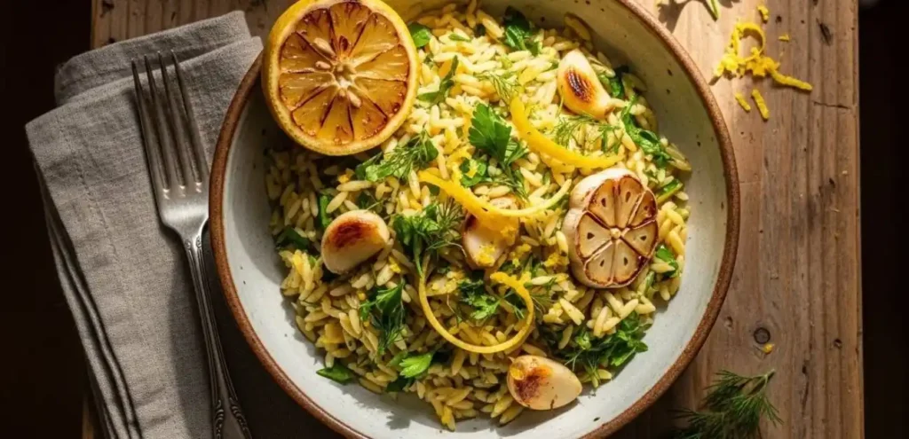 Vegetarian Lemon Garlic Orzo Recipe in Rustic Bowl