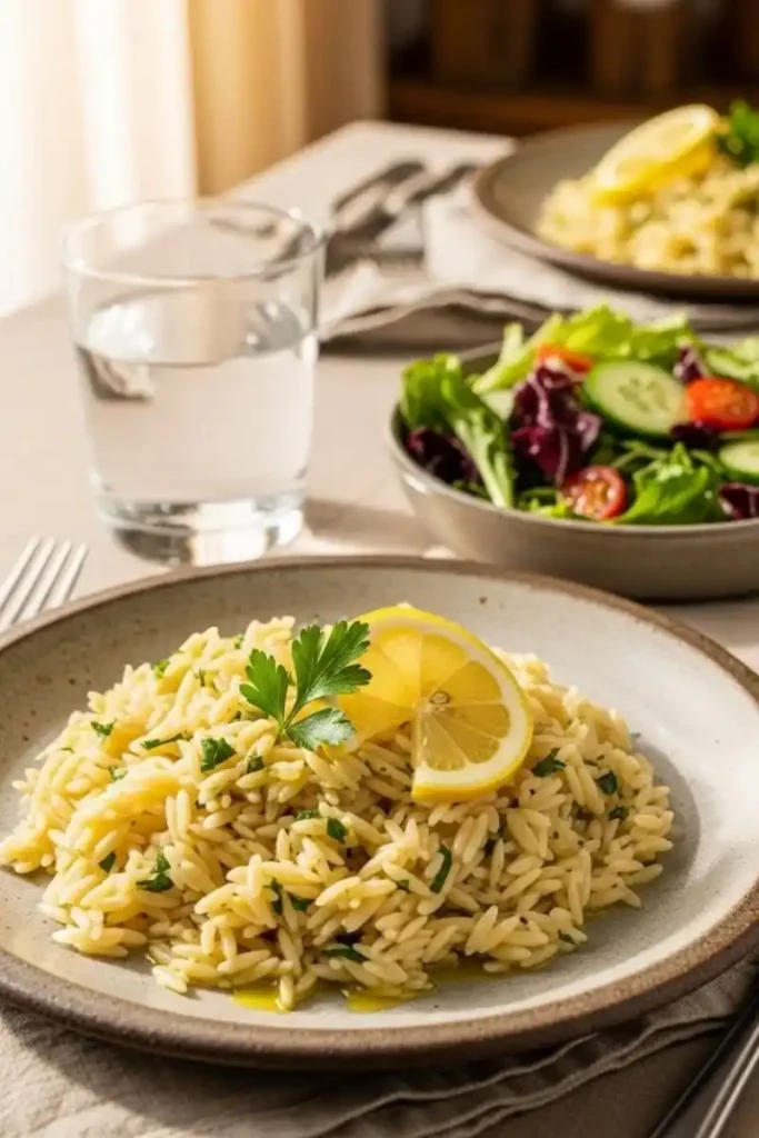 Lemon Garlic Orzo Served with Salad