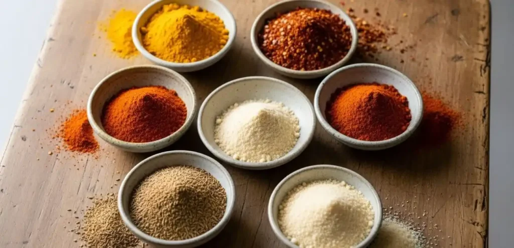 best spices for gluten-free vegetarian cooking arranged on a kitchen table